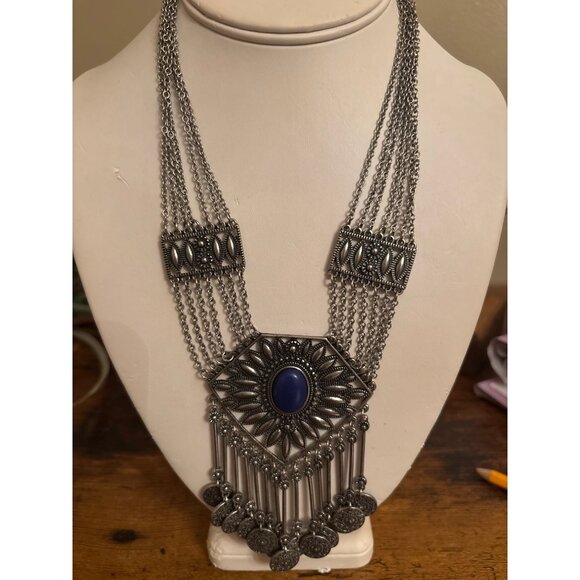 Boho Gypsy Coin Bib Necklace Bold Silver Statement With Blue Stone - Picture 1 of 16